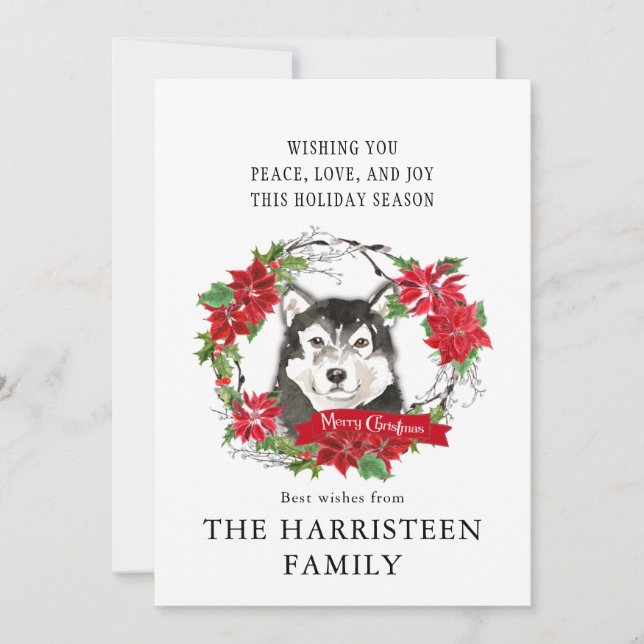 Malamute Watercolor Alaskan Poinsettia Christmas Holiday Card (Front)