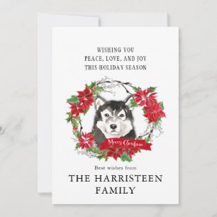 Malamute Watercolor Alaskan Poinsettia Christmas Holiday Card
