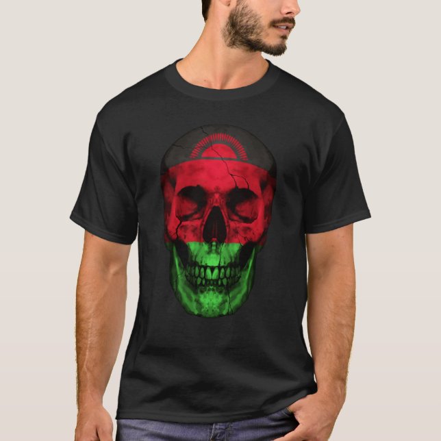 Malawi Flag Skull Malawian Roots Proud Patriotic T-Shirt (Front)