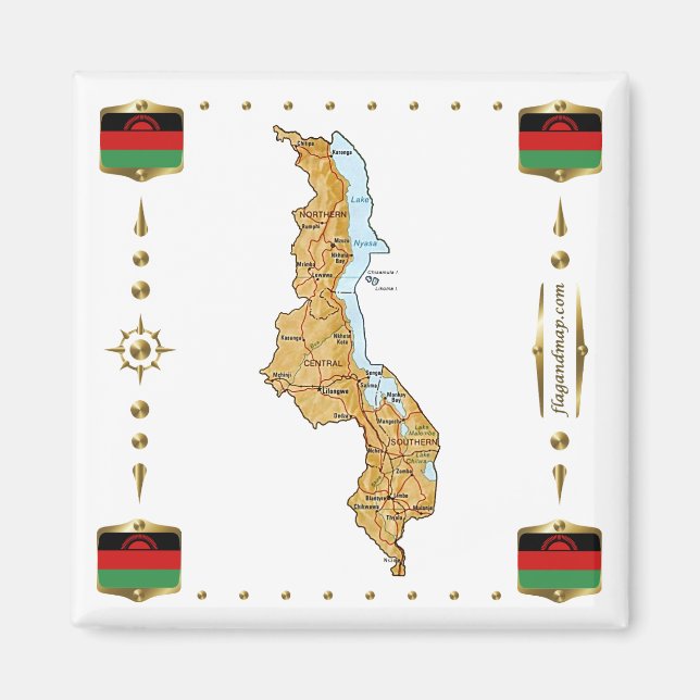 Malawi Map + Flags Magnet (Front)