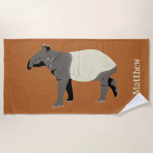Malayan or Asian Tapir Illustration Personalized Beach Towel