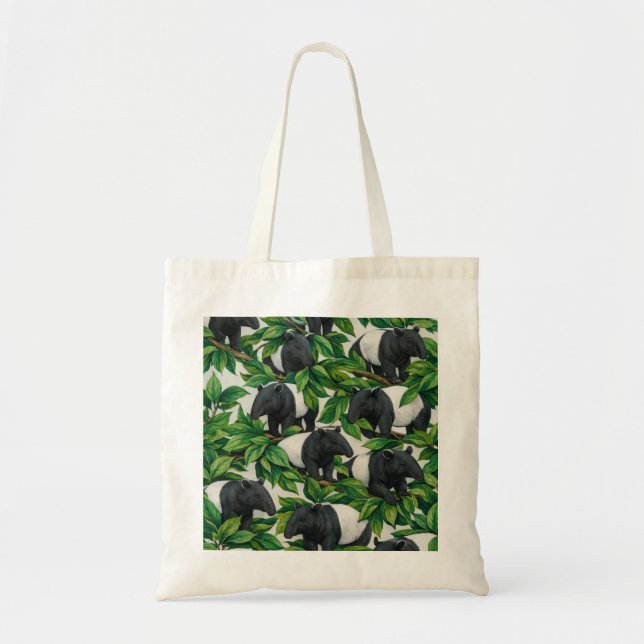 Malayan Tapirs in Lush Green Jungle Leaves Pattern Tote Bag (Front)