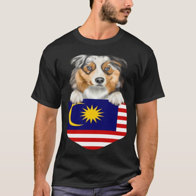 Malaysia Flag Australian Shepherd Dog In Pocket T-Shirt (Front)