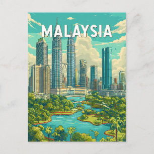 Malaysia Illustration Travel Art Vintage Postcard