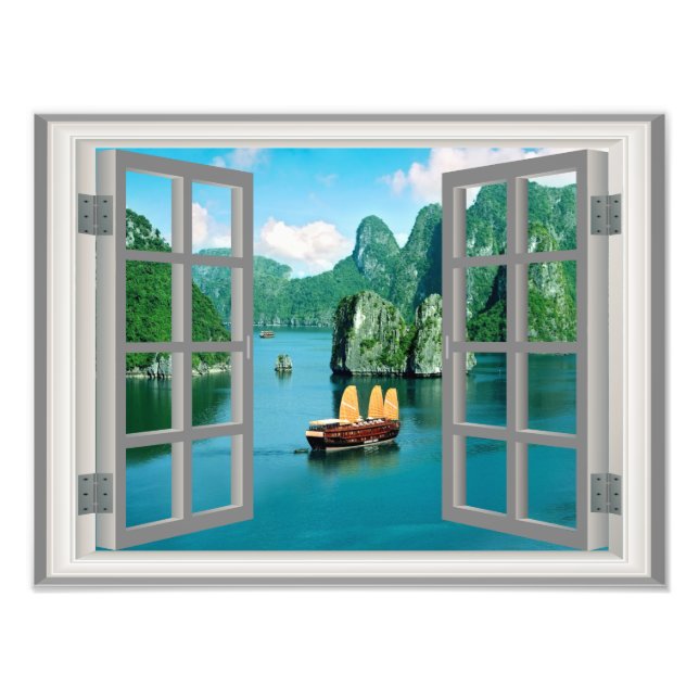 Malaysia Sailboat Ocean Mountains Faux Window Photo Print (Front)