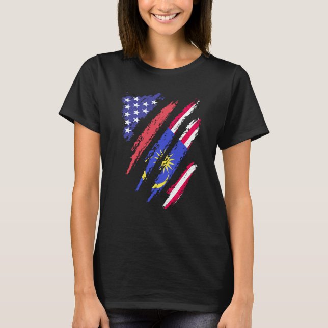 Malaysian American Patriot Grown Heart Flag Stripe T-Shirt (Front)