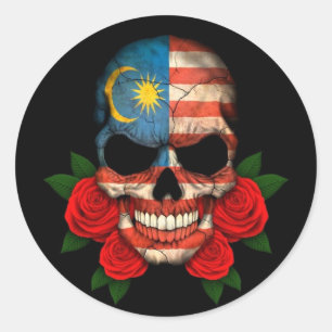 Malaysian Flag Skull with Red Roses Classic Round Sticker