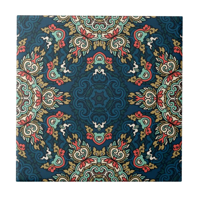 Malaysian Mosaic  Blue Red Beige Abstract  |  Tile (Front)