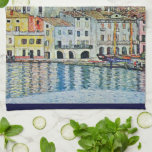 Malcesine on Lake Garda By Gustav Klimt Tea Towel<br><div class="desc">Malcesine on Lake Garda (1913) by Gustav Klimt is a vintage Victorian Era Art Nouveau fine art symbolism painting. A beautiful view of the Italian city of Malcesine with buildings and houses on the edge of the harbour. The homes and boats cast a reflection in the calm water. You can...</div>