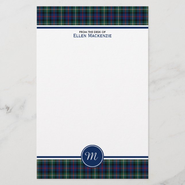 Malcolm Clan Tartan Dark Blue Plaid Monogram Stationery (Front)