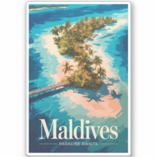 Maldives Landscape Illustration Travel Art Vintage
