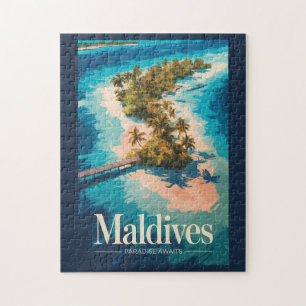 Maldives Landscape Illustration Travel Art Vintage Jigsaw Puzzle