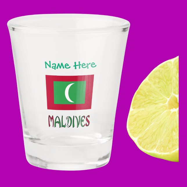 Maldives Maldivian Flag Green Personalised  Shot Glass (Shot glass with the Maldivian flag and the word MALDIVES below. Add a name above.)