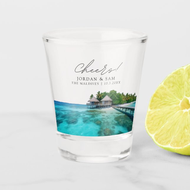 Maldives Photo Wedding Favour Cheers Shot Glass (Front)