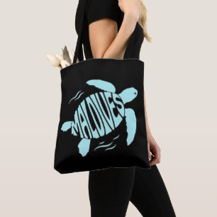 Maldives Sea Turtle - Tropical Blue Typography Tote Bag