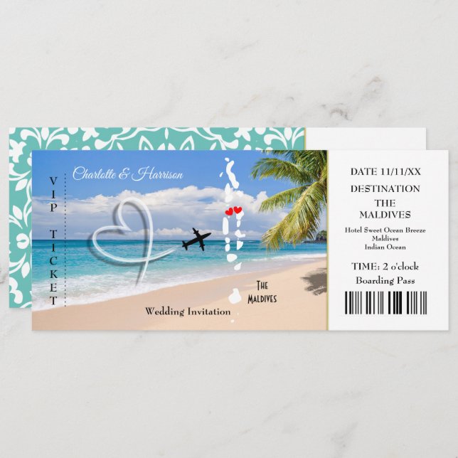 Maldives Ticket Boarding Pass Wedding Destination Invitation (Front/Back)