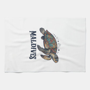 Maldives Vintage Sea Turtle Travel Shirt Design_1 Tea Towel