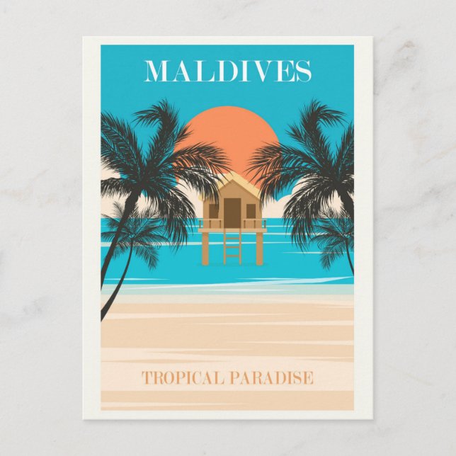 Maldives Vintage Tropical Beach Ocean Travel Postcard (Front)
