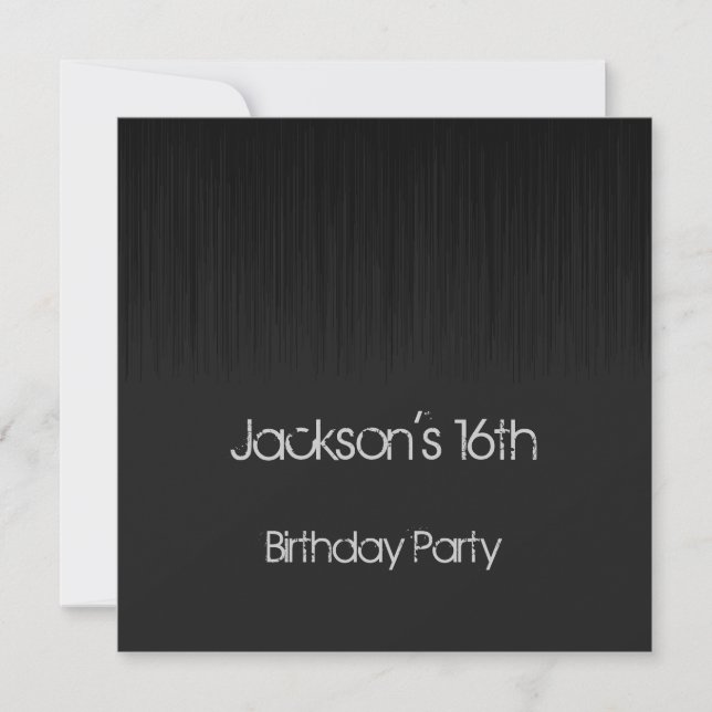 Male 16th Birthday Party Black & Grey Grunge Invitation (Front)