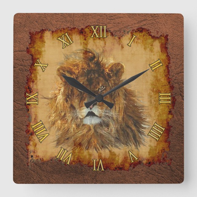 Male African Lion Big Cat & Faux Leather II Square Wall Clock (Front)