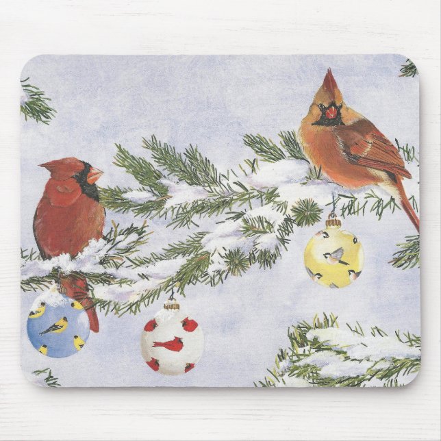Male and Female Cardinals enjoy a winter sccene. Mouse Mat (Front)