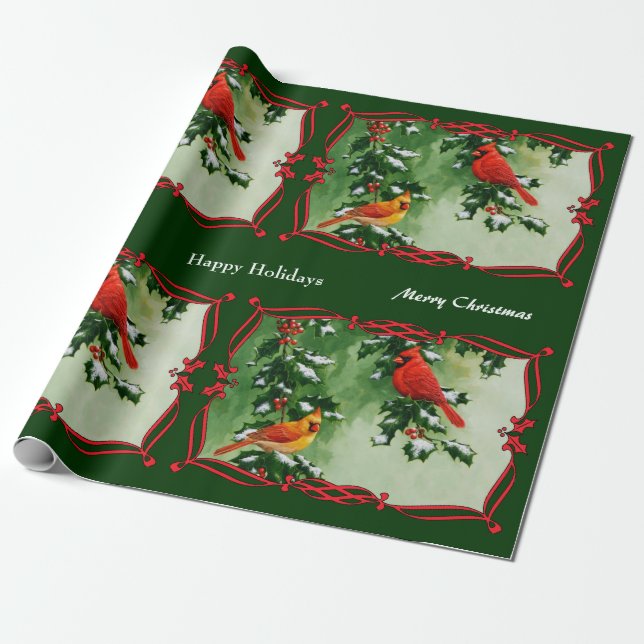 Male and Female Cardinals Green Wrapping Paper (Unrolled)