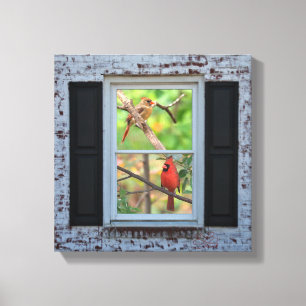 Male and Female Cardinals in Window/Brick Wall Canvas Print