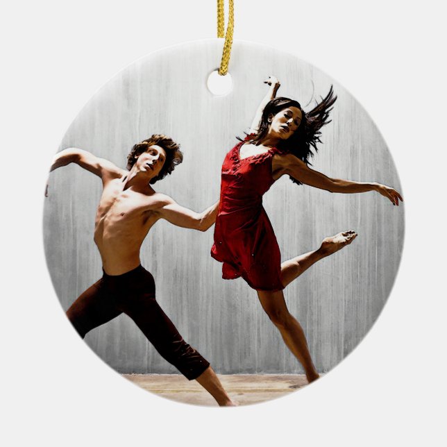 Male and Female Modern Dancers in Red Dress Ceramic Tree Decoration (Front)
