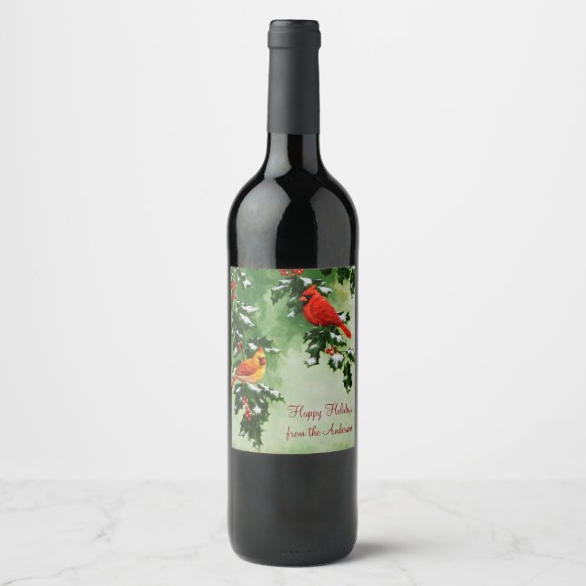 Male and Female Northern Red Cardinals Wine Label (Front)