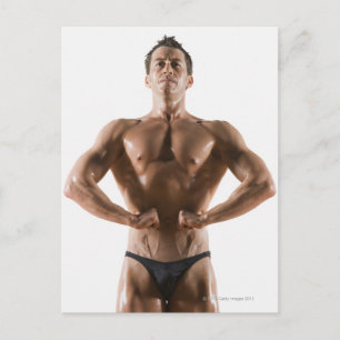 Male body builder flexing and posing postcard