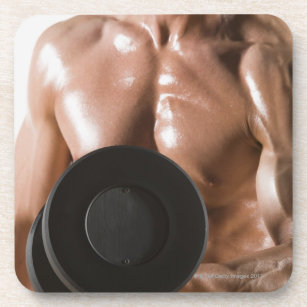 Male body builder flexing lifting weight coaster