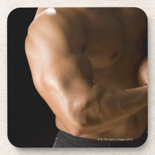 Male bodybuilder flexing muscles, front view, 2 coaster