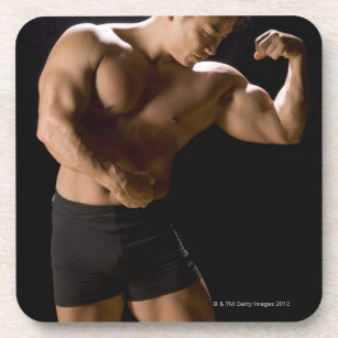 Male bodybuilder flexing muscles, front view, coaster