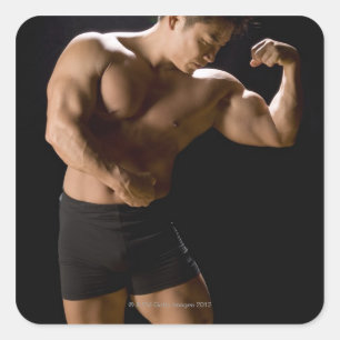 Male bodybuilder flexing muscles, front view, square sticker