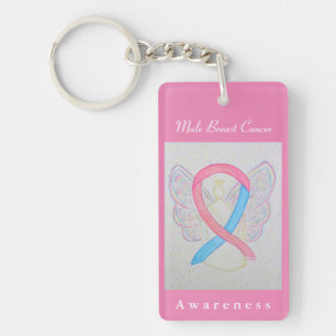 Male Breast Cancer Awareness Ribbon Angel Keychain