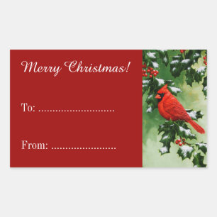 Male Cardinal and Holly Branch Red Rectangular Sticker