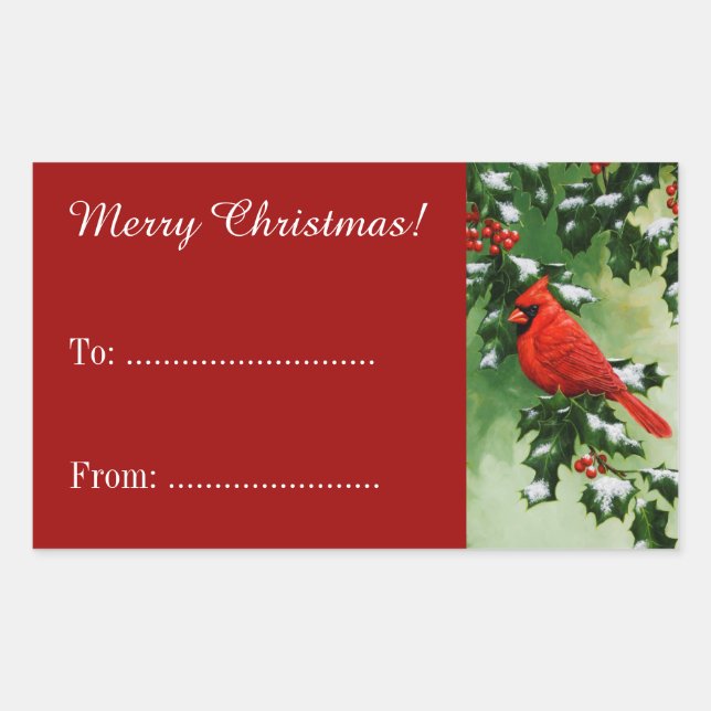 Male Cardinal and Holly Branch Red Rectangular Sticker (Front)