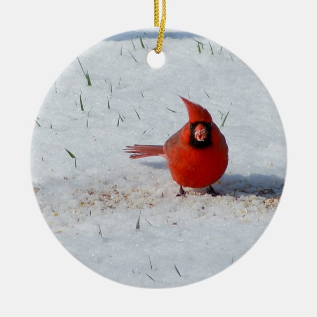 Male Cardinal in Snow Ceramic Ornament (Front)