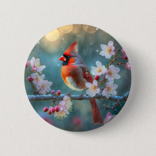 Male Cardinal in the Moonlight Cherry Blossoms 6 Cm Round Badge