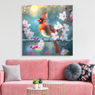 Male Cardinal in the Moonlight Cherry Blossoms Canvas Print