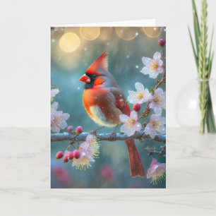 Male Cardinal in the Moonlight Cherry Blossoms Card