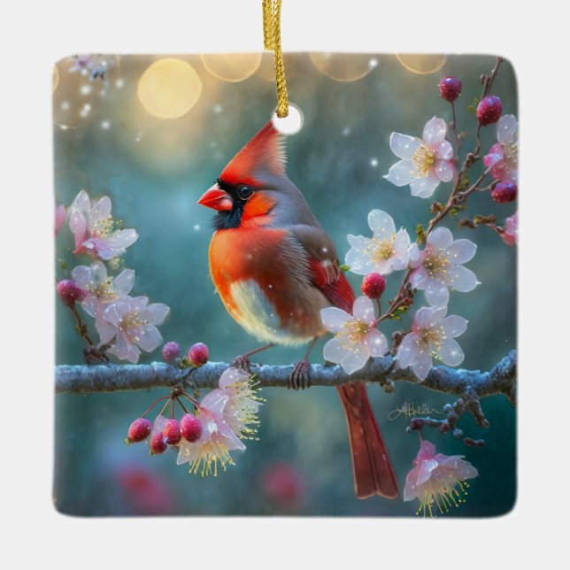 Male Cardinal in the Moonlight Cherry Blossoms Ceramic Ornament (Front)