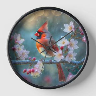 Male Cardinal in the Moonlight Cherry Blossoms Clock