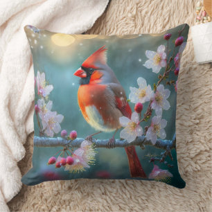 Male Cardinal in the Moonlight Cherry Blossoms Cushion