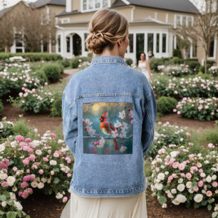 Male Cardinal in the Moonlight Cherry Blossoms Denim Jacket