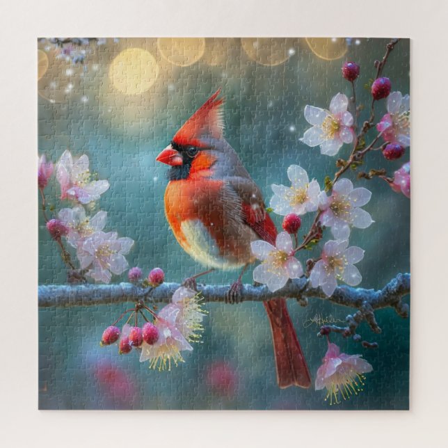 Male Cardinal in the Moonlight Cherry Blossoms Jigsaw Puzzle (Vertical)