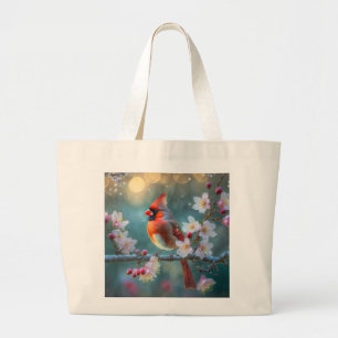 Male Cardinal in the Moonlight Cherry Blossoms Large Tote Bag