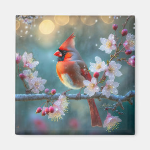 Male Cardinal in the Moonlight Cherry Blossoms Magnet