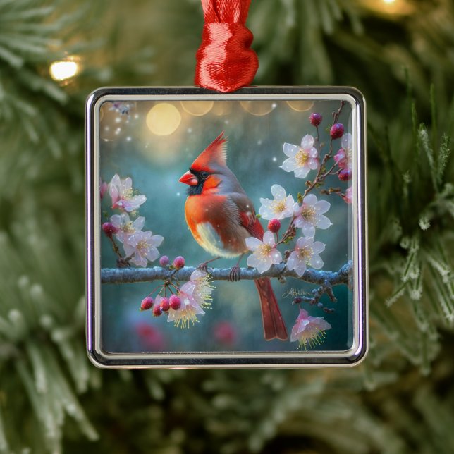 Male Cardinal in the Moonlight Cherry Blossoms Metal Tree Decoration (Tree)