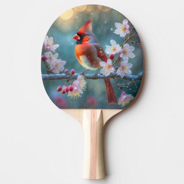 Male Cardinal in the Moonlight Cherry Blossoms Ping Pong Paddle (Front)